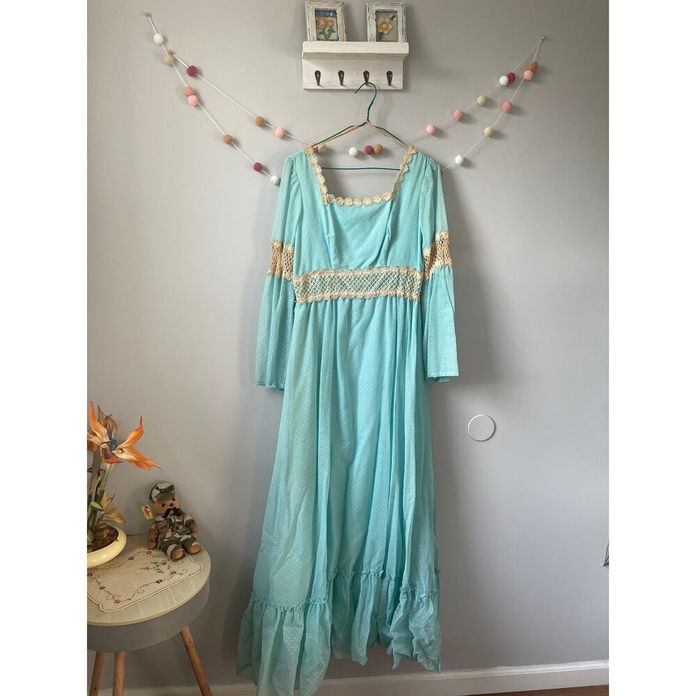 Vintage 1970 Robins Egg Blue Floral Crochet Prarie Boho Dress